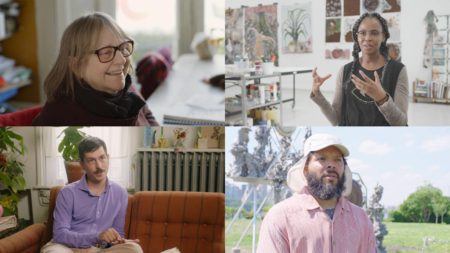 Grid of artists clockwise from top-left: Phyllida Barlow, Wangechi Mutu, Guadalupe Maravilla, and Adam Milner